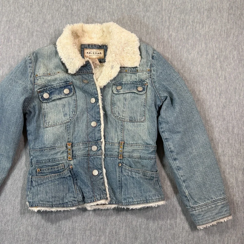 Arizona Jacket‎ Girls 14 Blue Denim Faux Fur Lined Sherpa Trucker Winter Coat